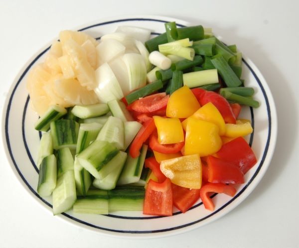 Prepared ingredients for delicious chicken and pineapple in a sweet and sour sauce